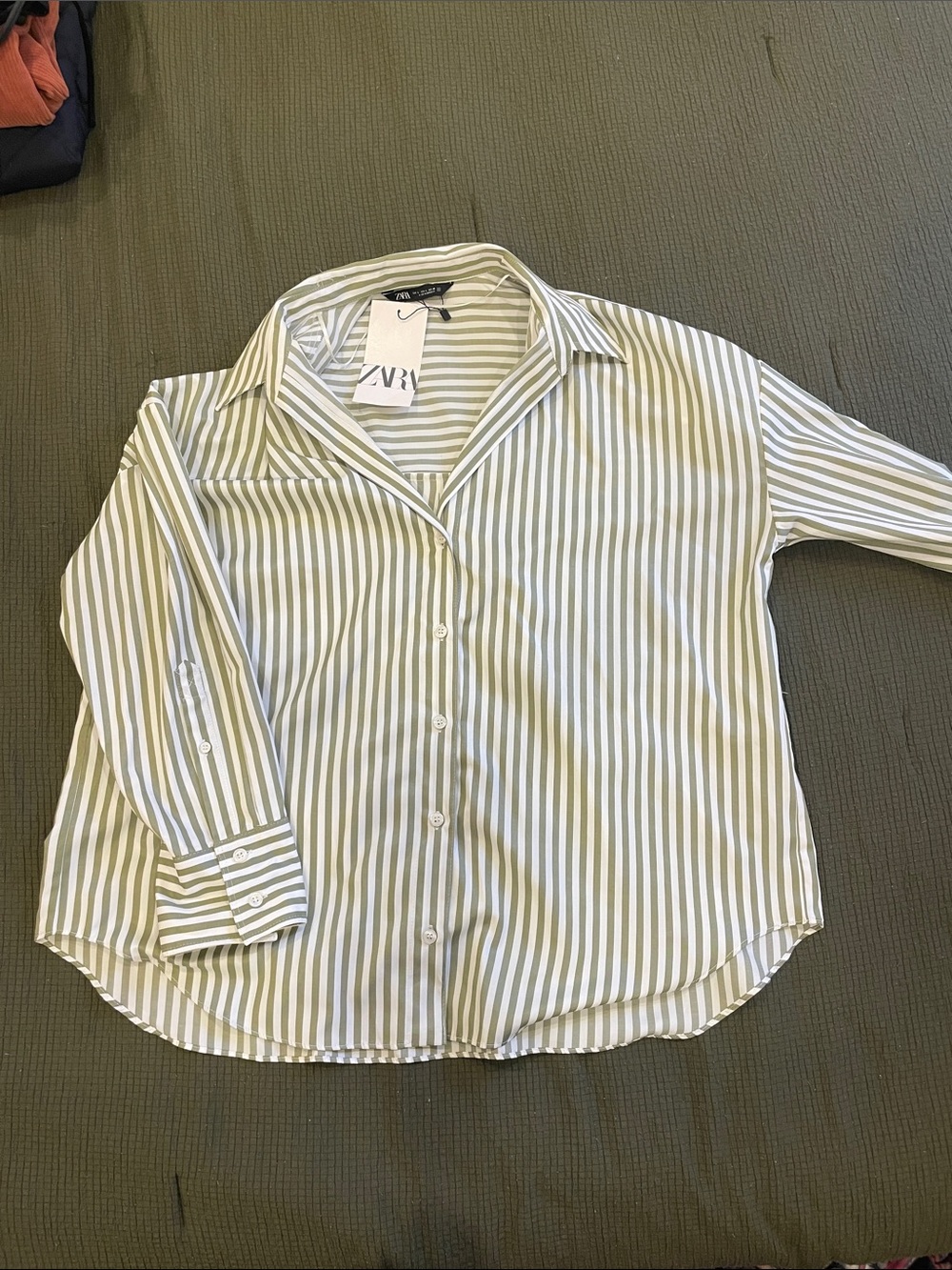ZARA Olive Green & White Striped Button-Down Shirt